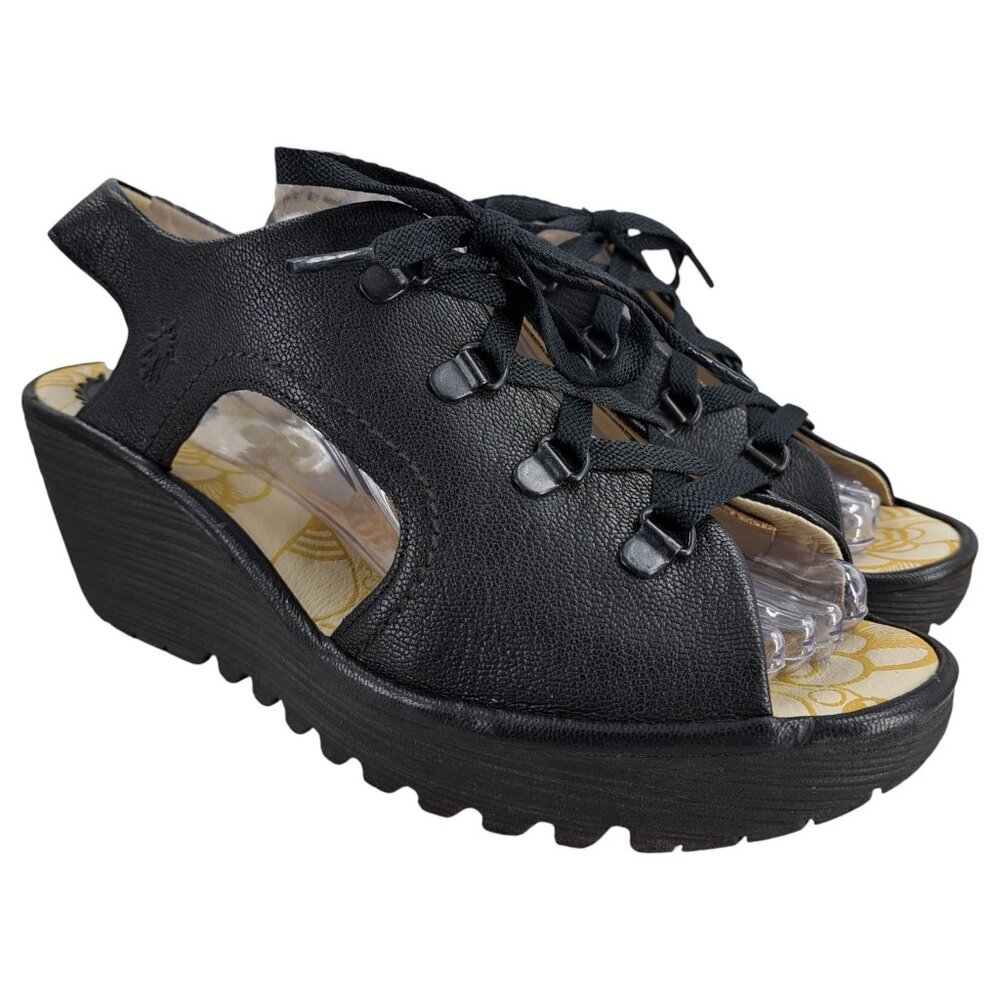 Fly London Yifa Black Leather Wedge Open Toe Lace Up Sandals Size 41 US 10
